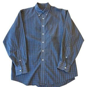 Vintage 90s Lands End Mens 16.5-34 Blue Brown Plaid Button Down 100% Cotton